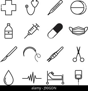 16 Easy-To-Use Line Medical Icons Designed as Black and White Theme Stock Vector