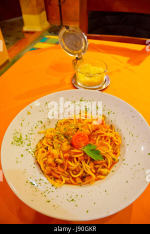 Spaghetti frutti di mare, pasta with seafood, restaurant Pompeii, old town, Pula, Istria, Croatia Stock Photo