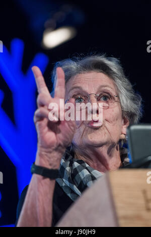 Hay Festival, Wales UK, Tuesday 30 May 2017  GERMAINE GREER  talking about the life and work of fellow Australian artist SIDNEY NOLAN on his centeneary year,    on the 6th day of the 2017 Hay Festival, in the small Welsh town of Hay on Wye in rural Powys.  Now in its 30th year, the literature festival draws some of the best writers , academics and commentators from across the globe, and  tens of thousand of visitors a day to what was described by former US president Bill Clinton as 'the woodstock of the mind'    Photo credit © Keith Morris / Alamy Live News Stock Photo