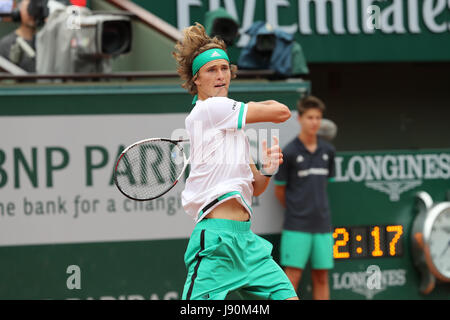 Paris, France. 30th May, 2017. German tennis player Alexander Zverev is in action during his match in the 1st round of the French Open in Roland Garros vs Spanish tennis player Fernando Verdasco on May 30, 2017 in Paris, France - Credit: Yan Lerval/Alamy Live News Stock Photo