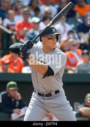 New York Yankees right fielder Aaron Judge (99) bats in the ninth inning against the Baltimore Orioles at Oriole Park at Camden Yards in Baltimore, MD on Monday, May 29, 2017. The Orioles won the game 3 - 2. Credit: Ron Sachs / CNP (RESTRICTION: NO New York or New Jersey Newspapers or newspapers within a 75 mile radius of New York City)  - NO WIRE SERVICE - Photo: Ron Sachs/Consolidated/dpa Stock Photo