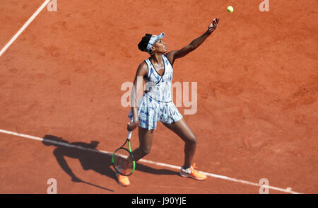 Paris, France. 31st May, 2017. Venus Williams of the United States competes during the women's singles second round match with Kurumi Nara of Japan at French Open Tennis Tournament 2017 in Roland Garros, Paris, France on May 31, 2017. Credit: Han Yan/Xinhua/Alamy Live News Stock Photo