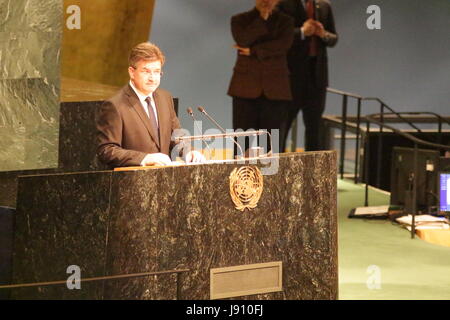 New York City, USA. 31st May, 2017. At UN in NY, Miroslav Lajcak speaks after he was elected new President of the UN General Assembly, May 31, 2017.He is current foreign minister of Slovakia. He takes over the position in September 2017 from Peter Thomson of Fiji. Credit: Matthew Russell Lee/Alamy Live News Stock Photo