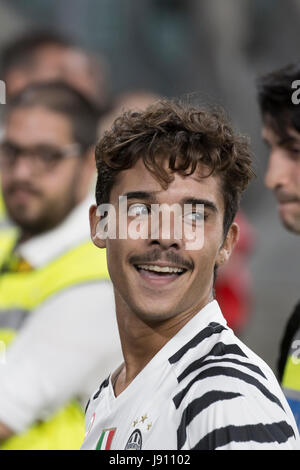 Turin, Italy. 30th May, 2017. Football Charity Match, La Partita del Cuore 2017.Juventus Stadiun, Turin. Singers national football team vs.Champions of the reasearch football team.Moreno enjoys after making a goal. Credit: RENATO VALTERZA/Alamy Live News Stock Photo