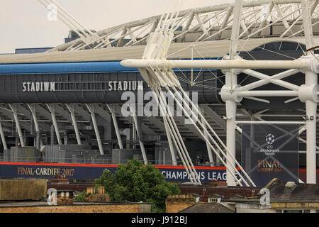 National Stadium of Wales, Cardiff, Wales. 31st May, 2017. Preparations for the UEFA champions league final in Cardiff proceed with the unveiling of a giant Gareth Bale image and the removal of the word ‘principality’ from the stadium ahead of the final on 3rd June between Real Madrid and Juventus.Credit: Haydn Denman/Alamy Live News Stock Photo