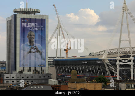 National Stadium of Wales, Cardiff, Wales. 31st May, 2017. Preparations for the UEFA champions league final in Cardiff proceed with the unveiling of a giant Gareth Bale image and the removal of the word ‘principality’ from the stadium ahead of the final on 3rd June between Real Madrid and Juventus.Credit: Haydn Denman/Alamy Live News Stock Photo