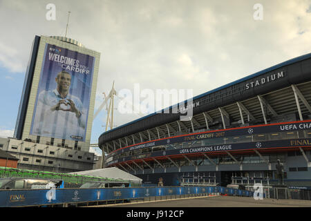 National Stadium of Wales, Cardiff, Wales. 31st May, 2017. Preparations for the UEFA champions league final in Cardiff proceed with the unveiling of a giant Gareth Bale image and the removal of the word ‘principality’ from the stadium ahead of the final on 3rd June between Real Madrid and Juventus.Credit: Haydn Denman/Alamy Live News Stock Photo