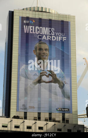 National Stadium of Wales, Cardiff, Wales. 31st May, 2017. Preparations for the UEFA champions league final in Cardiff proceed with the unveiling of a giant Gareth Bale image and the removal of the word ‘principality’ from the stadium ahead of the final on 3rd June between Real Madrid and Juventus.Credit: Haydn Denman/Alamy Live News Stock Photo