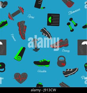Seamless pattern on the blue background with sport and fitness elements Stock Vector