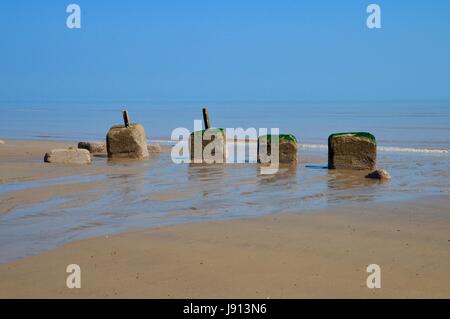 Old Sea Defences on the Beach. Stock Photo