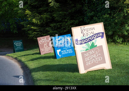 Pub food signs along the side of a road opposite The Plough Inn in the village of Ford, Temple Guiting, Cotswolds, Gloucestershire, England Stock Photo