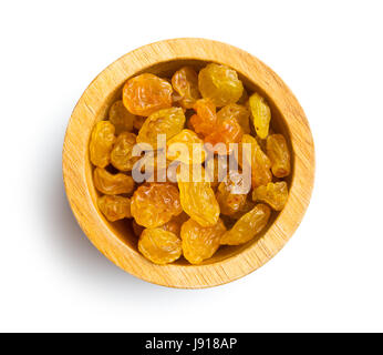 Sweet yellow raisins isolated on white background. Top view. Stock Photo