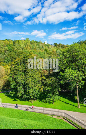 Vilnius, Lithuania - September 4, 2014: Three crosses monument on the hill of Vilnius, Lithuania. People on the background Stock Photo