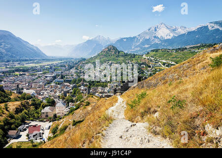 Panorama of Old City view seen from Tourbillon castle in Sion, Canton Valais, Switzerland. Stock Photo