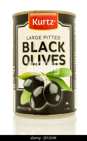 Winneconne, WI - 16 May 2017: A can of Kurtz large pitted black olives on an isolated background. Stock Photo