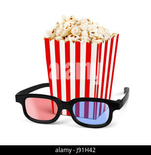 Popcorn in bucket with 3d glasses on white Stock Photo
