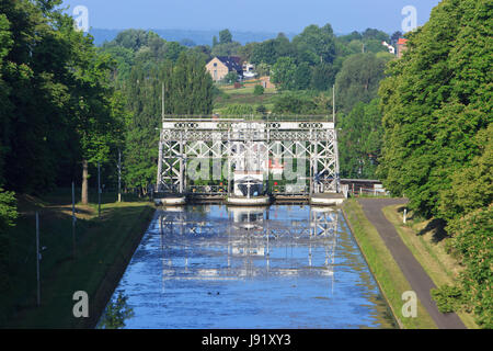 Boat Lift No. 3 (opened in 1917) at the Canal du Centre at Strépy-Bracquegnies in Belgium Stock Photo