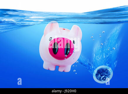 Pink piggy bank sinking into the drain. Stock Photo