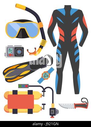 Snorkeling and scuba diving set of elements. Scuba-diving gear isolated. Diver wetsuit, scuba mask, snorkel, fins, regulator dive icons. Underwater activity diving equipment and accessories. Stock Vector