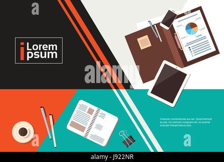 Business Workplace Desk Top Angle View Documents Tablet Computer Banner With Copy Space Stock Vector