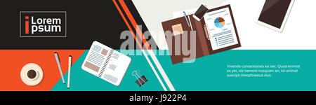 Business Workplace Desk Top Angle View Documents Tablet Computer Banner With Copy Space Stock Vector