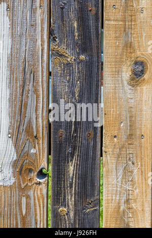 Vertical multi-colored weathered wooden fence background Stock Photo