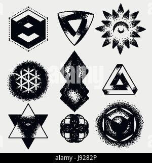 Set of impossible and other tattoo shapes, dotwork, blackwork all made of dots. Geometrical, sacred figures stars and cubes Stock Vector