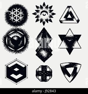 Set of impossible and other tattoo shapes, dotwork, blackwork all made of dots. Geometrical, sacred figures stars and cubes Stock Vector