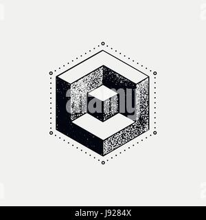 Set of impossible and other tattoo shapes, dotwork, blackwork all made of dots. Geometrical, sacred figures stars and cubes Stock Vector