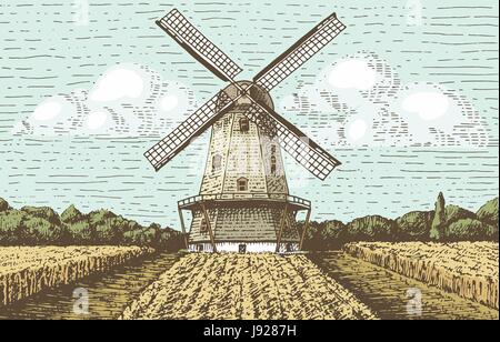 Windmill landscape in vintage, retro hand drawn or engraved style, can be use for bakery logo, wheat field with old building Stock Vector