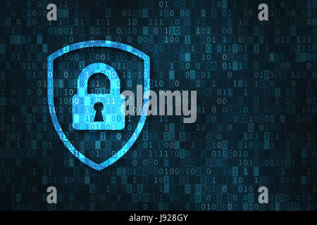 Cyber security and data privacy protection concept with icon of a shield and lock over binary digits background Stock Photo