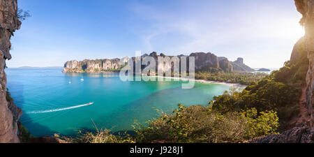Panoramic aerial view of Railay beach landscape with sea, forest and cliffs, famous tropical paradise tourist destination near Krabi, Thailand Stock Photo