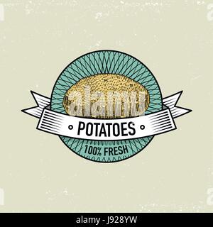 potato Vintage set of labels, emblems or logo for vegeterian food, vegetables hand drawn or engraved. Retro farm american style. Stock Vector