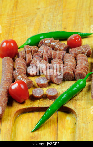 wood, shelf, wooden board, salami, carving board, sausage, spice, green, wood, Stock Photo