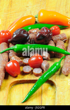 wood, shelf, wooden board, salami, carving board, sausage, spice, green, wood, Stock Photo