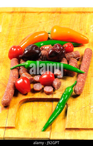 wood, shelf, wooden board, salami, carving board, sausage, spice, green, wood, Stock Photo