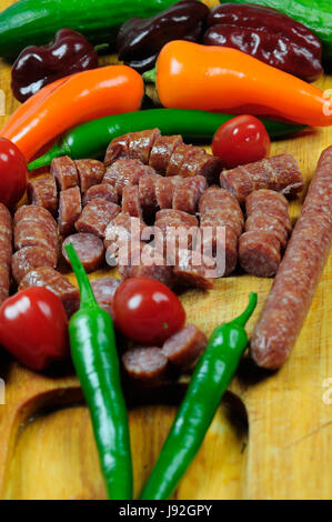 wood, shelf, wooden board, salami, carving board, sausage, spice, green, wood, Stock Photo