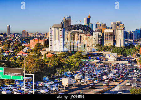 Heavy congested traffic on Warringah freeway in North Sydney towards Sydney's Harbour bridge and tunnel during morning rush hour. Stock Photo