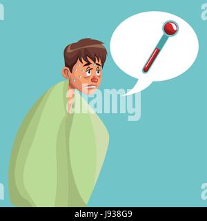 blue color background with fever sickness people half body and dialogue box with thermometer Stock Vector