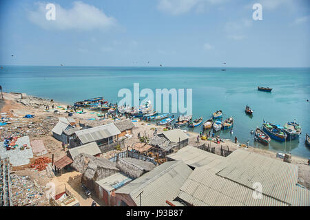 fishermen and wooden boats in sea view from Pamban Bridge, Rameshwaram Stock Photo