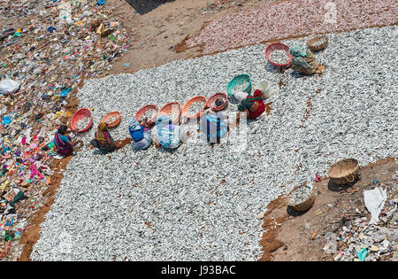 fishermen and wooden boats in sea view from Pamban Bridge, Rameshwaram Stock Photo