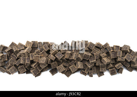 Dark Chocolate Chunks in Row on Isolated White Background Stock Photo