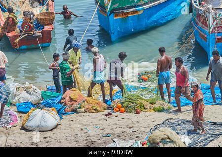 fishermen and wooden boats in sea view from Pamban Bridge, Rameshwaram Stock Photo