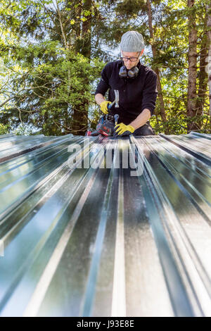 Man working installing metal roof on shed. Stock Photo