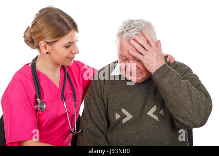 Picture of an old man having a serious migraine - isolated background Stock Photo