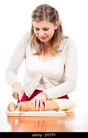 woman, bread, housewife, cut, baguette, cutting, woman, humans, human beings, Stock Photo