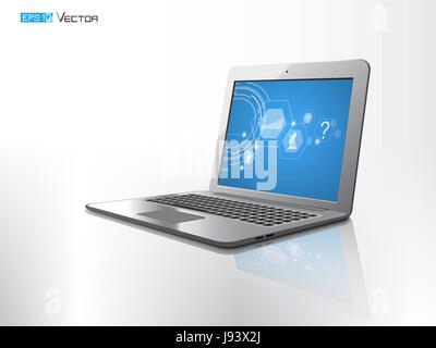 Computer laptop isolated with reflect on grey background. Stock Vector