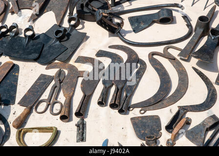 Various rusted vintage metal tools - hammer, pliers, chisels Stock Photo