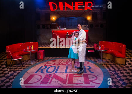 London, UK. 30 May 2017. Pictured: Lucie Shorthouse, Joe Dixon. Soho Theatre presents the UK Premiere of the 2015 Verity Bargate award-winning musical comedy Roller Diner, Home of the Full English Brexit, written by Stephen Jackson and directed by Soho Theatre's artistic director Steve Marmion. Cast: Lucy McCormick (Marika Malinsky), Joe Dixon (Eddie), David Thaxton (Roger), Rina Fatania (Jean), Lucie Shorthouse (Chantal) and Ricky Oakley (PJ). Performances run from 26 May to 24 June 2017. Stock Photo