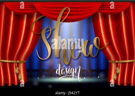 show, bright lighting spotlight effect with realistic red curtai Stock Vector